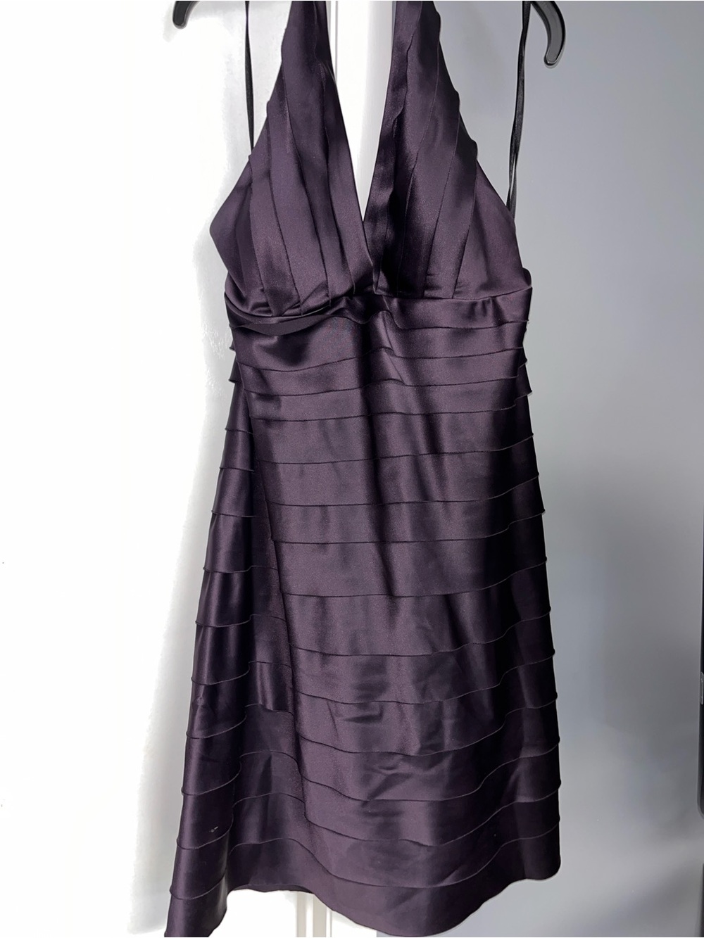 AGB One-Shoulder Pleated Satin Dress in Plum